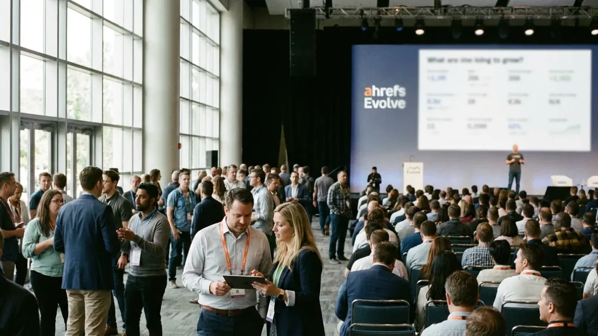 Ahrefs Evolve 2026: Patrick Stox cerca marketer "doers" sul palco.