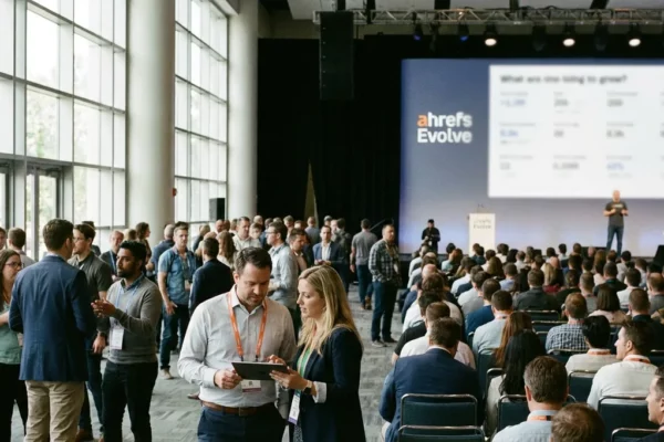 Ahrefs Evolve 2026: Patrick Stox cerca marketer "doers" sul palco.
